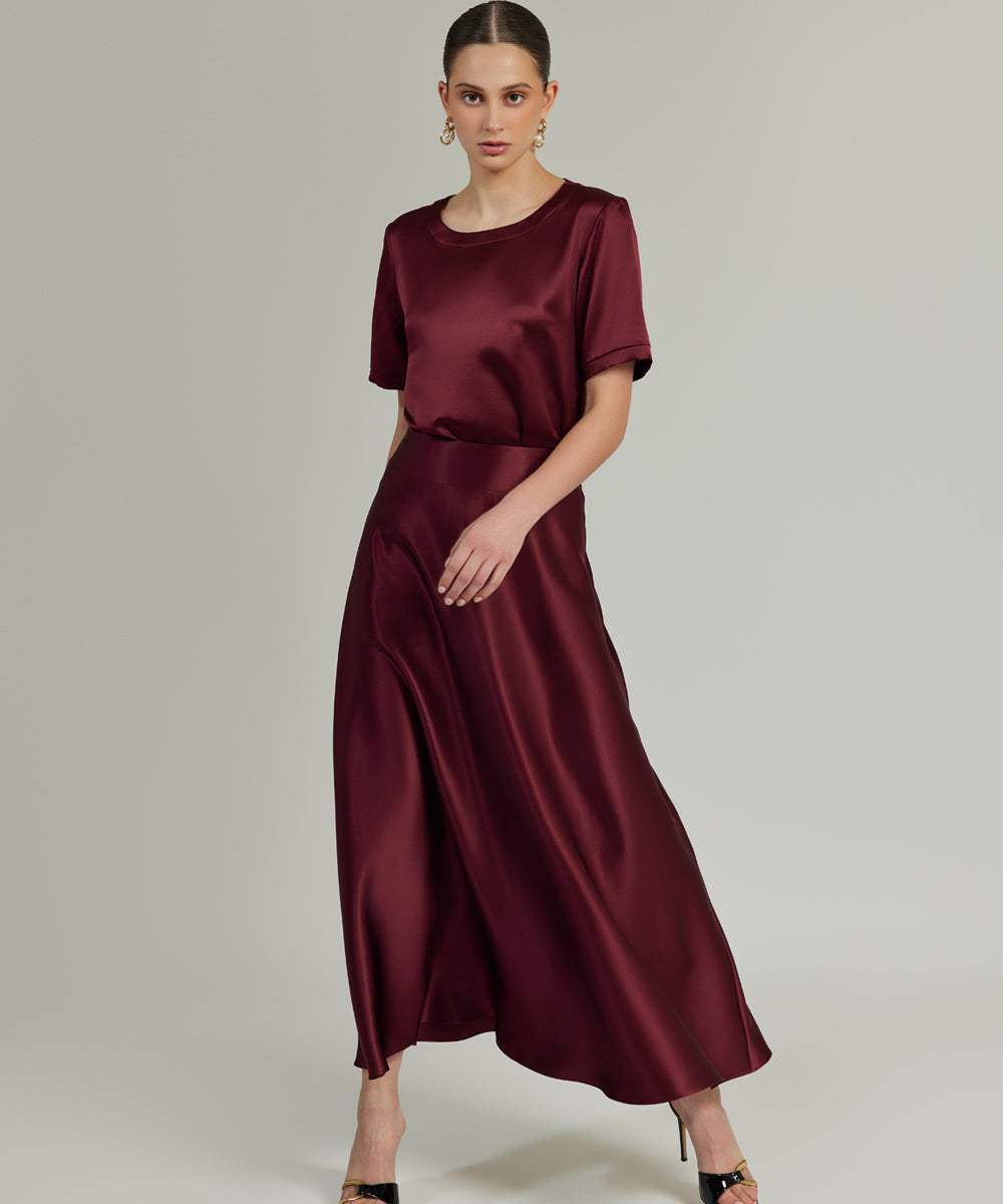 Burgundy Silk Long Skirt