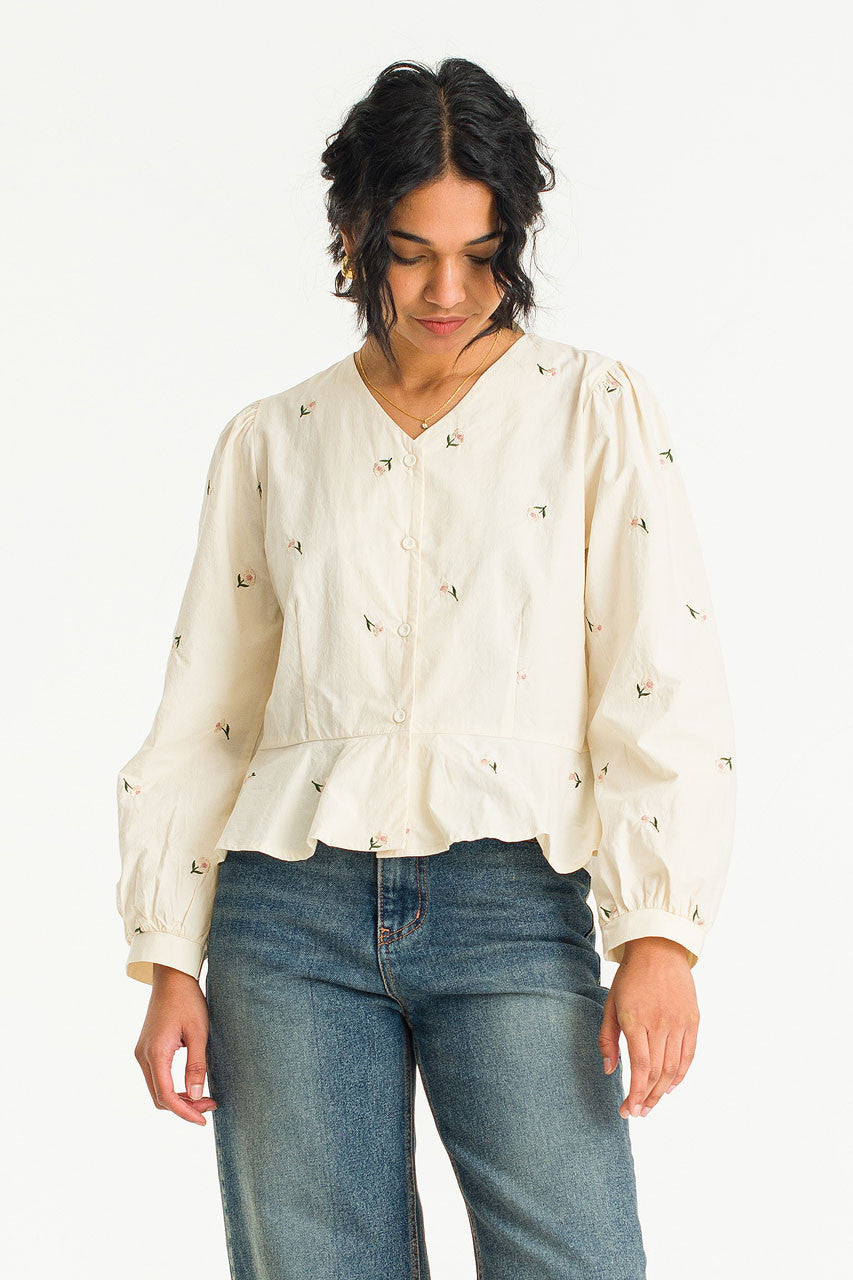 Chiyo Flower Embroidered Blouse | Ivory