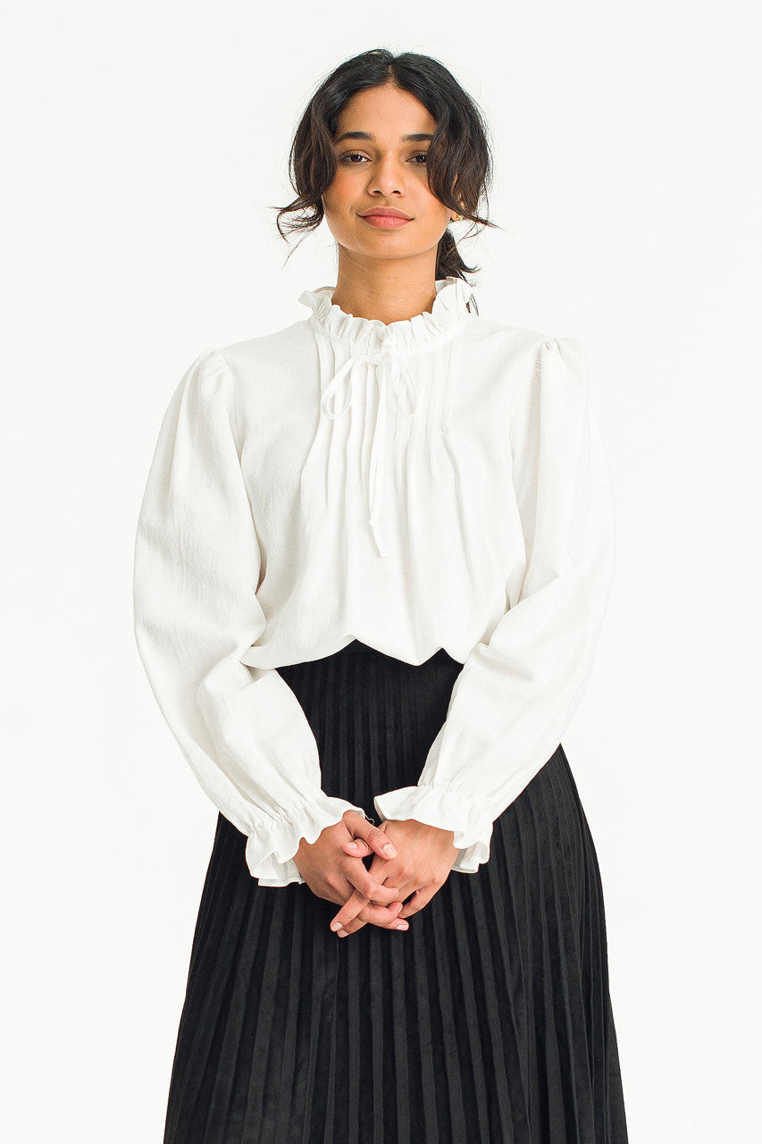 Pintuck Frill Neck Blouse | White
