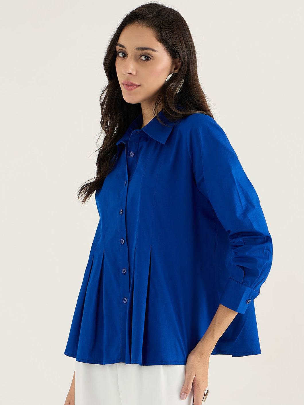 Pleated airline cotton shirt | Blue