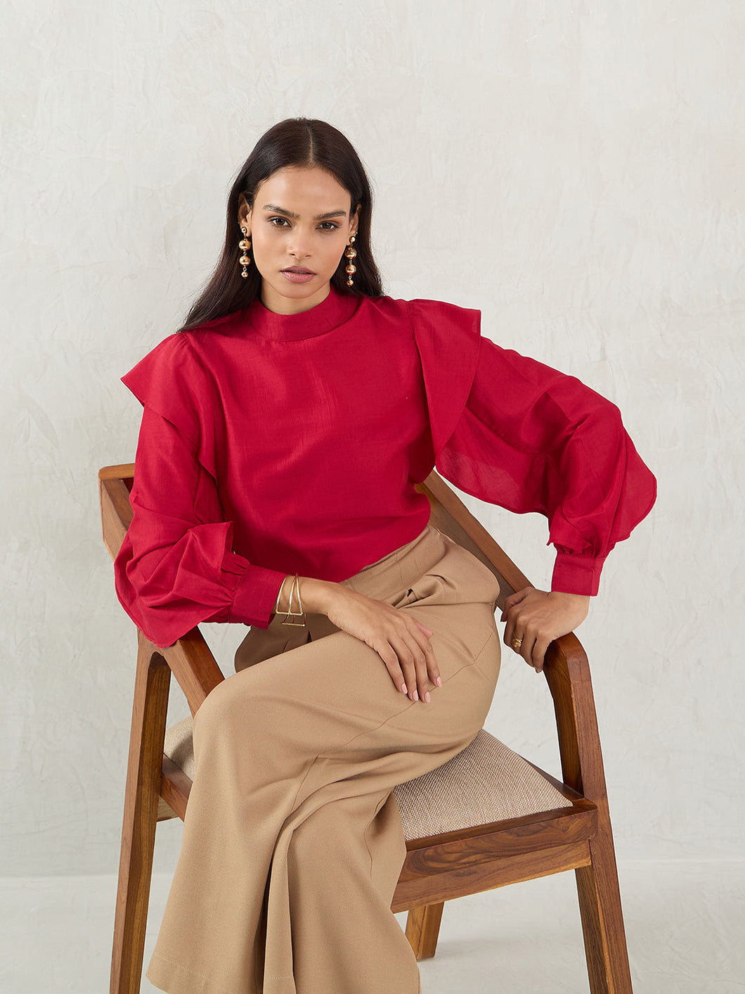 Ruffled cotton top | Red