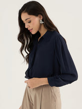 Load image into Gallery viewer, Cascade detailed georgette chiffon blouse | Navy
