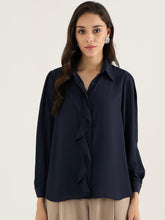 Load image into Gallery viewer, Cascade detailed georgette chiffon blouse | Navy
