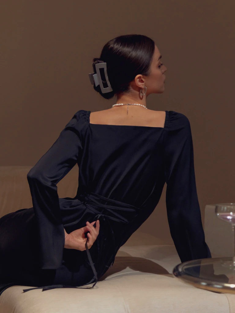 Flared sleeves draped silk dress