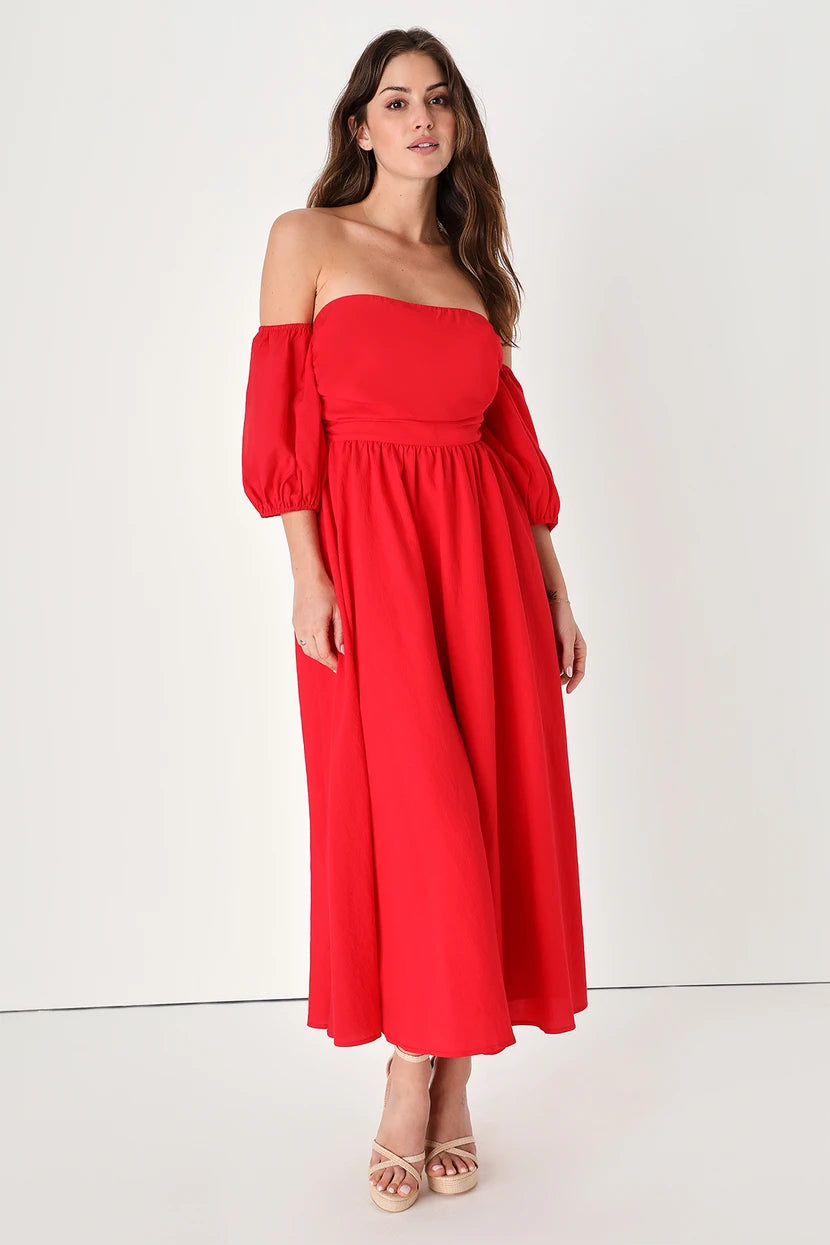Red off shoulder dress