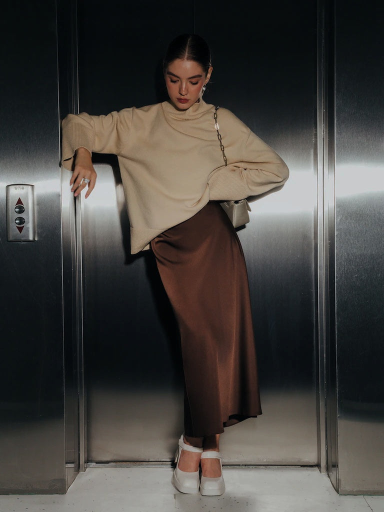 Silk midi skirt | Brown