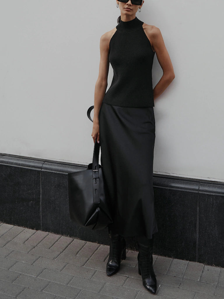 Silk midi skirt | Black